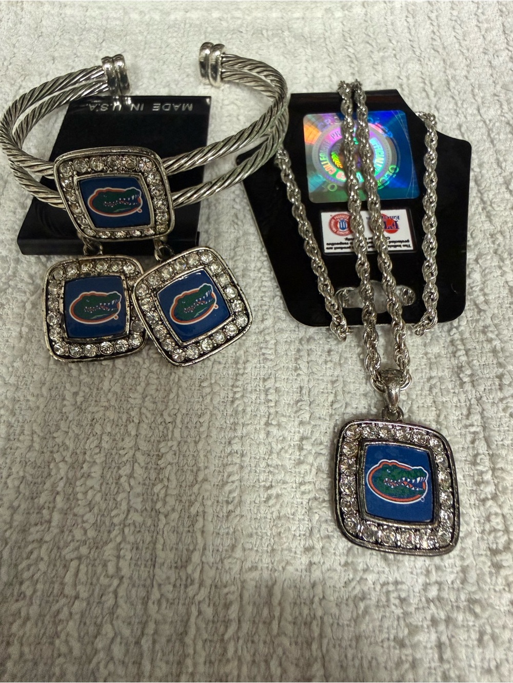 Silver-Tone Blue Florida Gators Logo Necklace with Crystal Frame